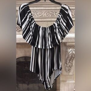 Black and White Striped Ruffled Bodysuit Size 3X